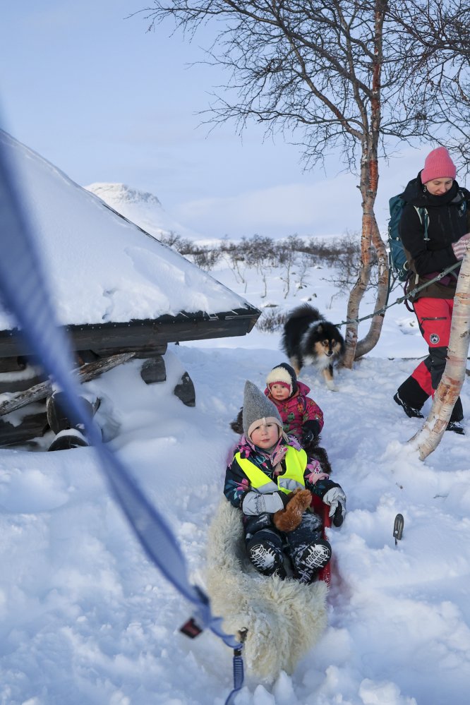 Kuvassa on kaksi lasta istuen pulkissaan lampaantaljojen päällä. Ympäristö on talvinen. Kuvassa on Tsahkaljärven laavu.